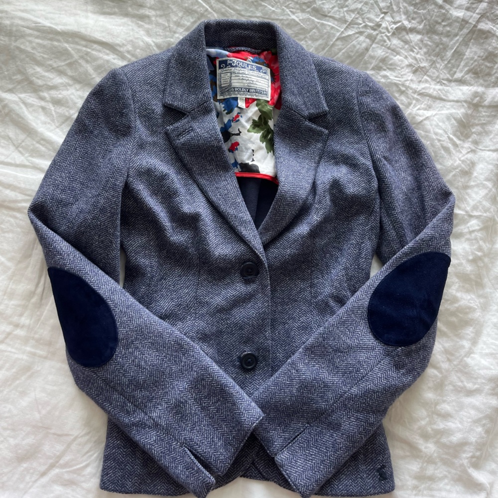 Joules Navy-Trim Gray Herringbone Blazer with Elbow Patches